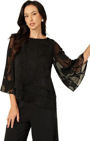 Lace Blouses for Women Dressy Casual Flutter 3/4 Length Sleeve Chiffon Top Round Neck Floral Elegant Business Work Shirt in Saudi Arabia