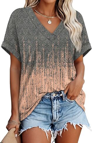 WIHOLL Womens Short Rolled Sleeve Shirts Oversized V Neck Tshirts Plus Size Summer Tops 2026 Dressy Casual Blouses S-4XL in Kuwait