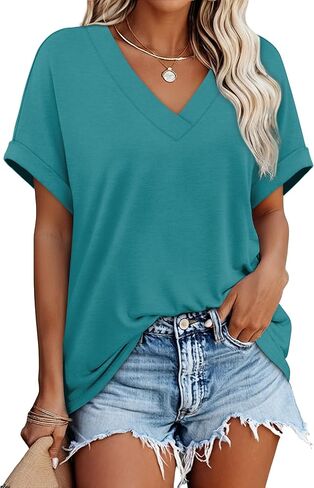 WIHOLL Womens Short Rolled Sleeve Shirts Oversized V Neck Tshirts Plus Size Summer Tops 2026 Dressy Casual Blouses S-4XL in Kuwait