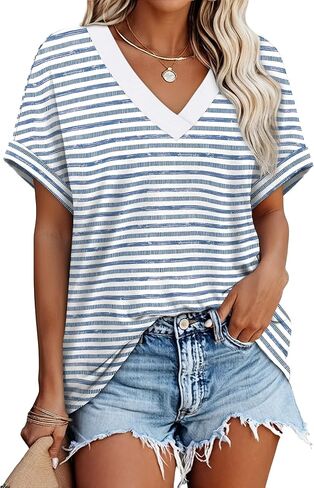 WIHOLL Womens Short Rolled Sleeve Shirts Oversized V Neck Tshirts Plus Size Summer Tops 2026 Dressy Casual Blouses S-4XL in Kuwait