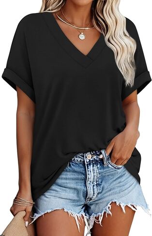 WIHOLL Womens Short Rolled Sleeve Shirts Oversized V Neck Tshirts Plus Size Summer Tops 2026 Dressy Casual Blouses S-4XL in Kuwait
