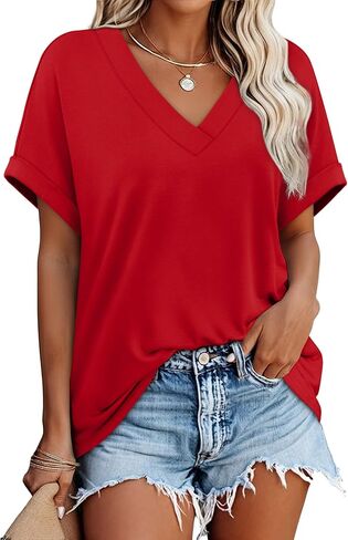 WIHOLL Womens Short Rolled Sleeve Shirts Oversized V Neck Tshirts Plus Size Summer Tops 2026 Dressy Casual Blouses S-4XL in Kuwait