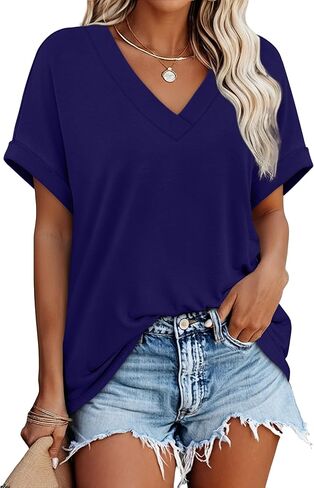 WIHOLL Womens Short Rolled Sleeve Shirts Oversized V Neck Tshirts Plus Size Summer Tops 2026 Dressy Casual Blouses S-4XL in Kuwait
