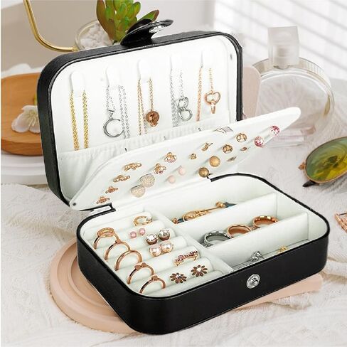 Travel Jewelry Box for Women, PU Leather Small Jewelry Organizer, Portable Mini Storage Case Display Holder Boxes for Rings Earrings Necklaces, Bracelets-Black in Saudi Arabia