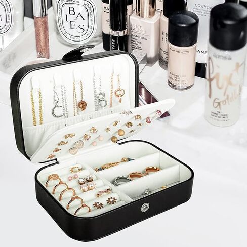 Travel Jewelry Box for Women, PU Leather Small Jewelry Organizer, Portable Mini Storage Case Display Holder Boxes for Rings Earrings Necklaces, Bracelets-Black in Saudi Arabia