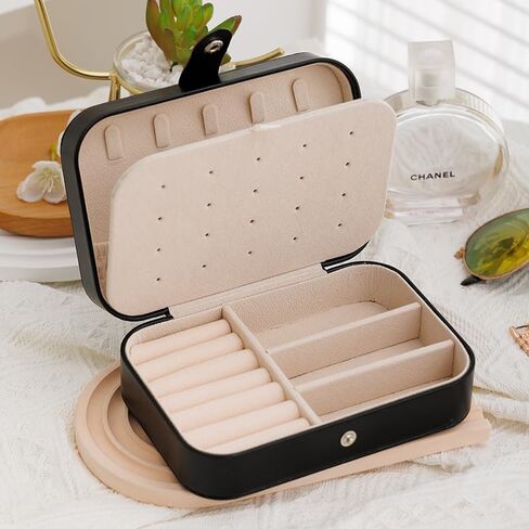 Travel Jewelry Box for Women, PU Leather Small Jewelry Organizer, Portable Mini Storage Case Display Holder Boxes for Rings Earrings Necklaces, Bracelets-Black in Saudi Arabia