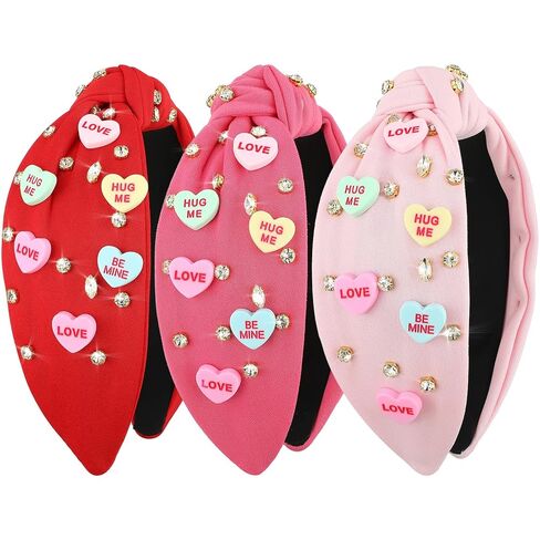 3 Pcs Valentine's Day Headband for Women Love Hug Me Heart Headband Crystal Rhinestone Knotted Hairband Rose Red Pink Red Wide Knot Hairband Valentine's Day Hair Accessories Gifts in Saudi Arabia