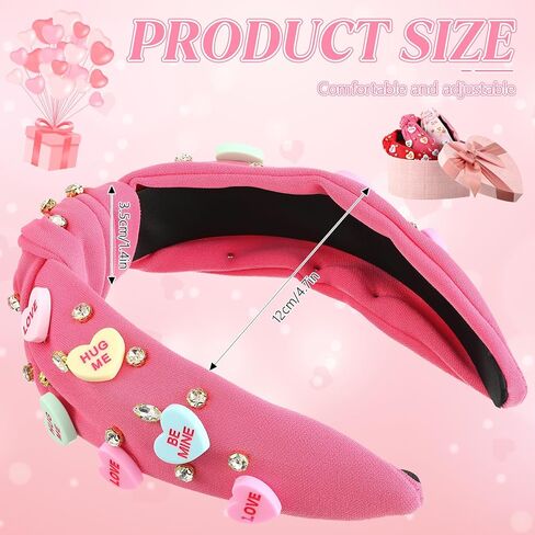 3 Pcs Valentine's Day Headband for Women Love Hug Me Heart Headband Crystal Rhinestone Knotted Hairband Rose Red Pink Red Wide Knot Hairband Valentine's Day Hair Accessories Gifts in Saudi Arabia