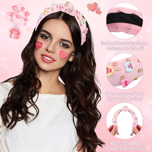 3 Pcs Valentine's Day Headband for Women Love Hug Me Heart Headband Crystal Rhinestone Knotted Hairband Rose Red Pink Red Wide Knot Hairband Valentine's Day Hair Accessories Gifts in Saudi Arabia