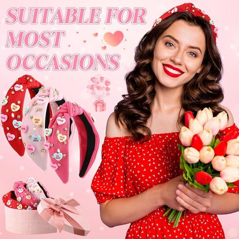 3 Pcs Valentine's Day Headband for Women Love Hug Me Heart Headband Crystal Rhinestone Knotted Hairband Rose Red Pink Red Wide Knot Hairband Valentine's Day Hair Accessories Gifts in Saudi Arabia