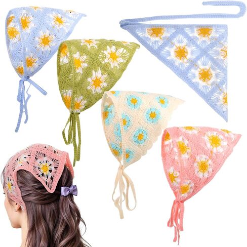 4PCS Crochet Bandanas Headbands for Women, Floral Knitted Daisy Headscarf with Tie-Back, Vintage Scarf Hairband for Girls, Bohemian Head Kerchief Headwrap for Thin Thick Curly Hair Styling in Saudi Arabia