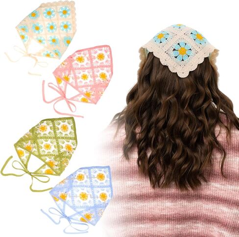 4PCS Crochet Bandanas Headbands for Women, Floral Knitted Daisy Headscarf with Tie-Back, Vintage Scarf Hairband for Girls, Bohemian Head Kerchief Headwrap for Thin Thick Curly Hair Styling in Saudi Arabia