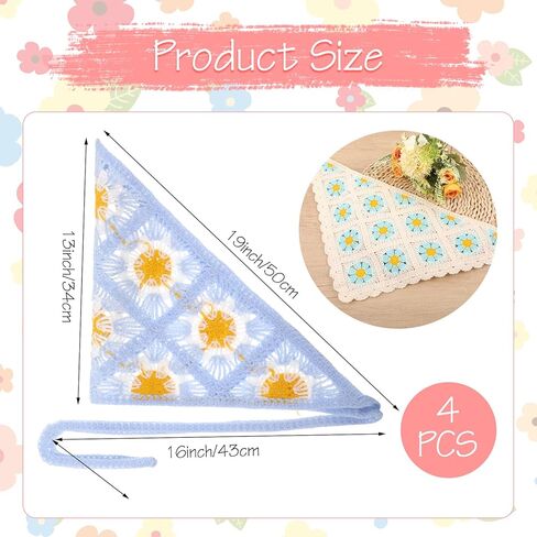 4PCS Crochet Bandanas Headbands for Women, Floral Knitted Daisy Headscarf with Tie-Back, Vintage Scarf Hairband for Girls, Bohemian Head Kerchief Headwrap for Thin Thick Curly Hair Styling in Saudi Arabia