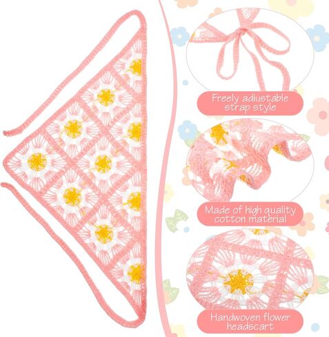 4PCS Crochet Bandanas Headbands for Women, Floral Knitted Daisy Headscarf with Tie-Back, Vintage Scarf Hairband for Girls, Bohemian Head Kerchief Headwrap for Thin Thick Curly Hair Styling in Saudi Arabia