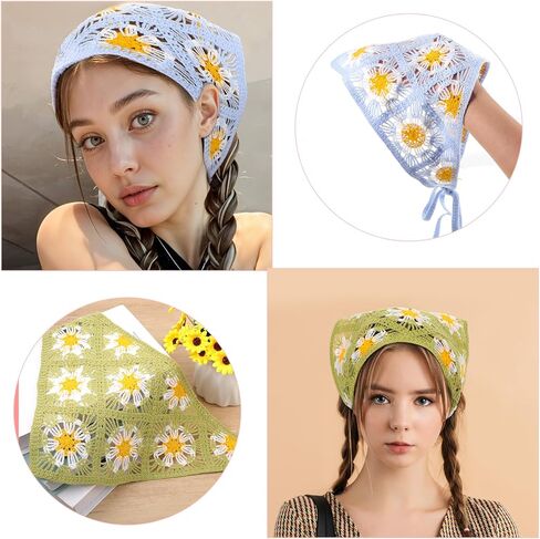 4PCS Crochet Bandanas Headbands for Women, Floral Knitted Daisy Headscarf with Tie-Back, Vintage Scarf Hairband for Girls, Bohemian Head Kerchief Headwrap for Thin Thick Curly Hair Styling in Saudi Arabia
