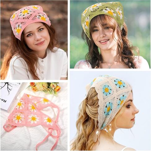 4PCS Crochet Bandanas Headbands for Women, Floral Knitted Daisy Headscarf with Tie-Back, Vintage Scarf Hairband for Girls, Bohemian Head Kerchief Headwrap for Thin Thick Curly Hair Styling in Saudi Arabia
