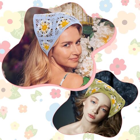 4PCS Crochet Bandanas Headbands for Women, Floral Knitted Daisy Headscarf with Tie-Back, Vintage Scarf Hairband for Girls, Bohemian Head Kerchief Headwrap for Thin Thick Curly Hair Styling in Saudi Arabia