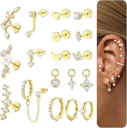 18 PCS Single Cartilage Studs Earrings Women Trendy 14k Gold Plated Flat Back Earings Stacks Dainty Small Pendant Dangle Huggie Hoops Earring Cubic Zirconia Flatback Stud Sets for Multiple Piercing in Saudi Arabia