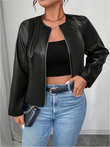 SweatyRocks Women's Plus Size Faux Leather Zip Up Jacket Fall Winter Long Sleeve Outerwear Coat in Saudi Arabia