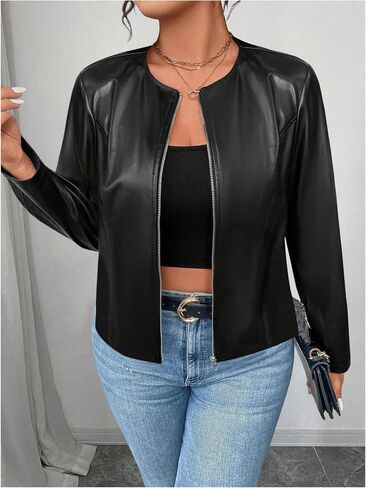 SweatyRocks Women's Plus Size Faux Leather Zip Up Jacket Fall Winter Long Sleeve Outerwear Coat in Saudi Arabia