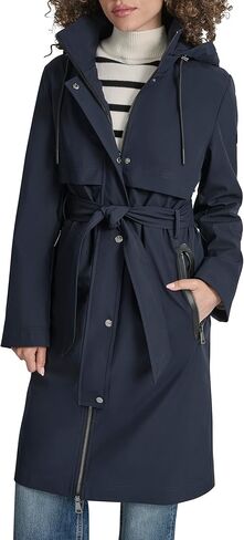 معطف DKNY النسائي بغطاء للرأس وحزام - سترة طويلة خفيفة الوزن مقاومة للماء مع جيوب بسحاب من الجلد الصناعي in Kuwait
