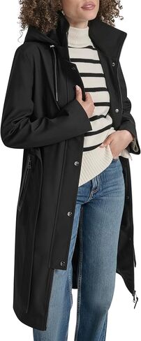 DKNY womens Hooded Belted Trench Coat – Long Water-resistant Lightweight Jacket With Faux Leather Trimmmed Zipper Pockets in Saudi Arabia
