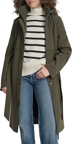 معطف DKNY النسائي بغطاء للرأس وحزام - سترة طويلة خفيفة الوزن مقاومة للماء مع جيوب بسحاب من الجلد الصناعي in Kuwait