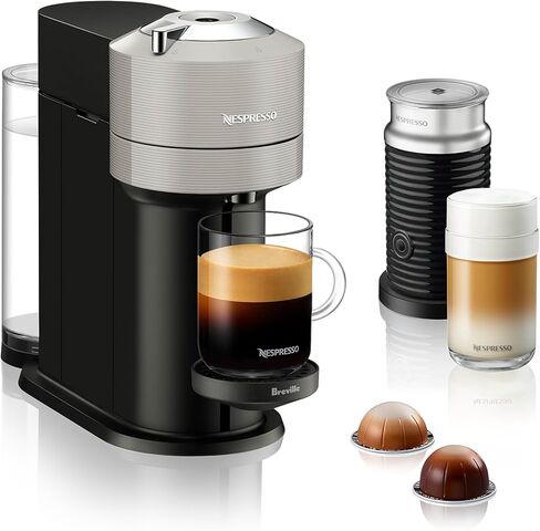 Nespresso Vertuo Next Coffee & Espresso Maker by Breville, Light Grey | Light grey coffee machine with slim, sustainable design. Brews 6 cup sizes, espresso to 18 oz., all topped with crema. in Saudi Arabia