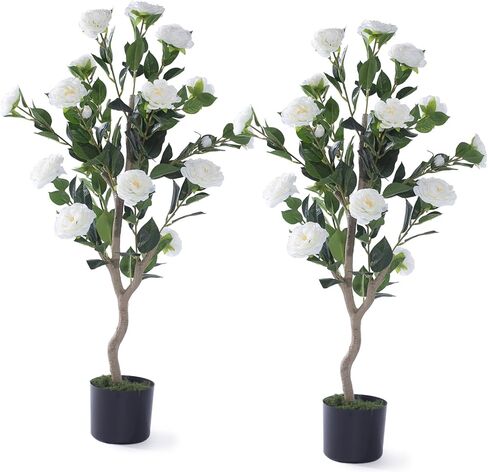 2 Pack 40" Artificial Camellia Tree with Vibrant Red Flowers， Faux Flower Tree Plant in Pot Fake Topiaries in Saudi Arabia