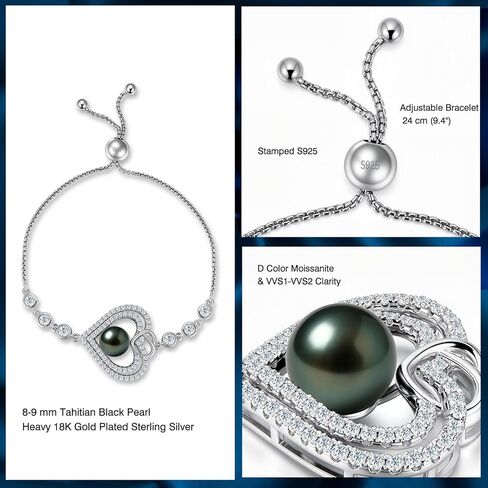 Genuine Tahitian Pearl Bracelet for Women - 8-9mm Ocean-Grown Pearls, Sterling Silver Moissanite Infinity Heart Bracelets, Wedding Anniversary Birthday Christmas Gift for Wife Mom Daughter Grandma in Saudi Arabia