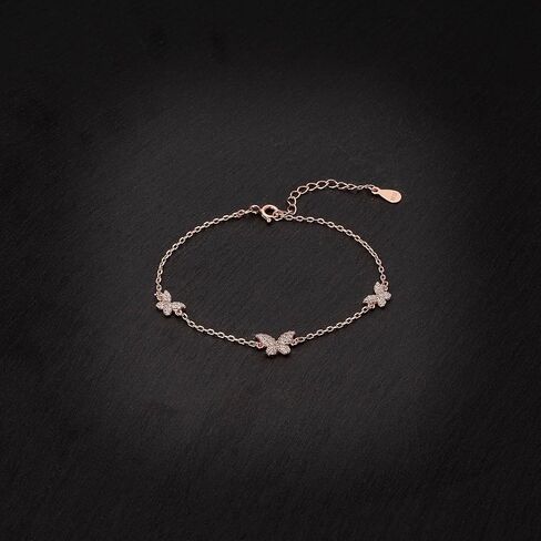925 Sterling Silver Butterfly Bracelet, Rhodium or 14k rose gold Plated, 6 Inch plus Extension, Gift Pouch in Saudi Arabia