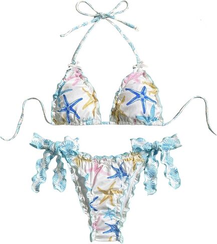 Verdusa Women's 2 Piece Boho Ruffle Bikini Set Halter Triangle Swimsuit Tie Side Bathing Suit in Saudi Arabia