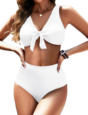 Womens High Waisted Bikini Set Knot Front Two Piece Swimsuit V Neck Bathing Suit Swimwear in Kuwait