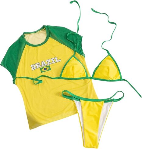 Verdusa Women's 3 Piece Halter Bikini Set Brazil Flag Thong Bathing Suits with Beach Cover Up Top in Saudi Arabia