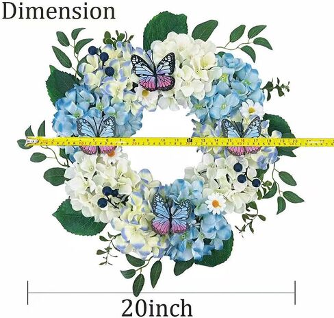 20Inch Blue Hydrangeas Wreath for Front Door,Artificial Leaves and Berries,Outdoor Wreath for Home, Farmhouse, Wedding, Outside Decor - Spring, Summer, Fall, All Seasons in Saudi Arabia