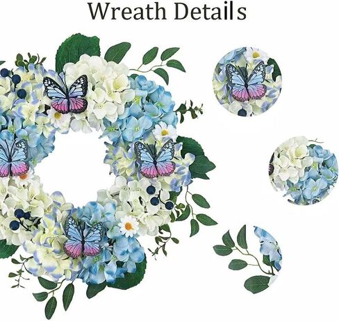 20Inch Blue Hydrangeas Wreath for Front Door,Artificial Leaves and Berries,Outdoor Wreath for Home, Farmhouse, Wedding, Outside Decor - Spring, Summer, Fall, All Seasons in Saudi Arabia