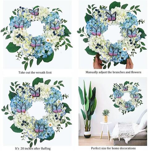 20Inch Blue Hydrangeas Wreath for Front Door,Artificial Leaves and Berries,Outdoor Wreath for Home, Farmhouse, Wedding, Outside Decor - Spring, Summer, Fall, All Seasons in Saudi Arabia
