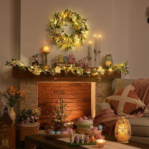 Valery Madelyn Collapsible Easter Egg Wreaths Decoration for Front Door with Lights, Artificial Spring Floral Wreath with Lamb Ears Leaves for Home Indoor Outdoor Window Wall Holiday Party Decor-24'' in Saudi Arabia