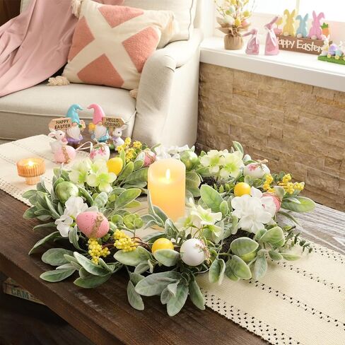 Valery Madelyn Collapsible Easter Egg Wreaths Decoration for Front Door with Lights, Artificial Spring Floral Wreath with Lamb Ears Leaves for Home Indoor Outdoor Window Wall Holiday Party Decor-24'' in Saudi Arabia