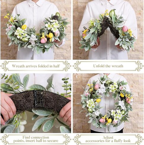 Valery Madelyn Collapsible Easter Egg Wreaths Decoration for Front Door with Lights, Artificial Spring Floral Wreath with Lamb Ears Leaves for Home Indoor Outdoor Window Wall Holiday Party Decor-24'' in Saudi Arabia