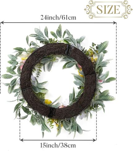 Valery Madelyn Collapsible Easter Egg Wreaths Decoration for Front Door with Lights, Artificial Spring Floral Wreath with Lamb Ears Leaves for Home Indoor Outdoor Window Wall Holiday Party Decor-24'' in Saudi Arabia