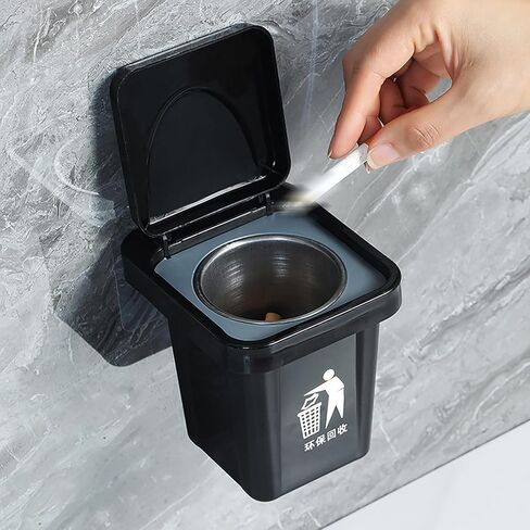 Trash Can Ashtray With Lid Stainless Steel Liner with Hook Sticker Creative Wall Hanging Anti-fly Ash Ashtray for Bathroom in Kuwait