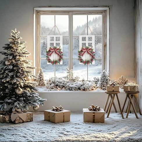 2PCS Rustic Wood Christmas Wall Hanging Decor with Wreath - Farmhouse Holiday Indoor Outdoor Christmas Wall Decor, 17-Inch Pine Needles Berries Pinecones Wooden Signs for Door Window Walls (White) in Saudi Arabia