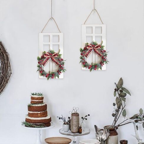 2PCS Rustic Wood Christmas Wall Hanging Decor with Wreath - Farmhouse Holiday Indoor Outdoor Christmas Wall Decor, 17-Inch Pine Needles Berries Pinecones Wooden Signs for Door Window Walls (White) in Saudi Arabia