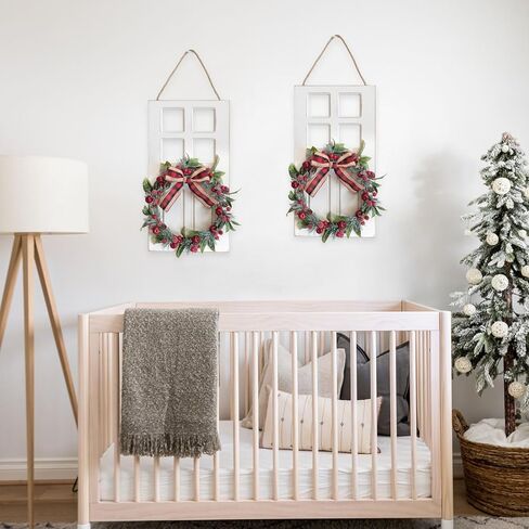 2PCS Rustic Wood Christmas Wall Hanging Decor with Wreath - Farmhouse Holiday Indoor Outdoor Christmas Wall Decor, 17-Inch Pine Needles Berries Pinecones Wooden Signs for Door Window Walls (White) in Saudi Arabia