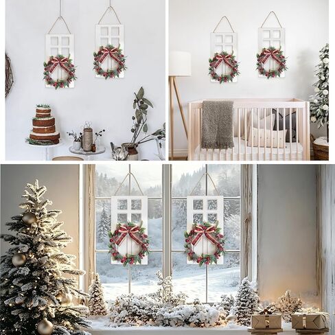 2PCS Rustic Wood Christmas Wall Hanging Decor with Wreath - Farmhouse Holiday Indoor Outdoor Christmas Wall Decor, 17-Inch Pine Needles Berries Pinecones Wooden Signs for Door Window Walls (White) in Saudi Arabia