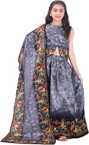 Girls Lehenga Choli Set Kids Festival Wear, Jute Cotton Traditional floral Design,3-Piece Wedding Dress in Saudi Arabia