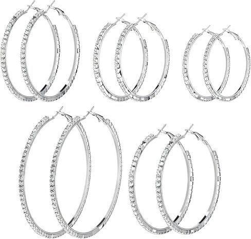 5 أزواج كبيرة حجر الراين هوب الأقراط مجموعة 3-7 سم كبيرة سباركلي جولة الأطواق الفضة كريستال سباركلي بلينغ رقيقة جولة أقراط حزب خفيفة الوزن القرط مجوهرات للنساء مجوهرات حفل زفاف تاريخ هدية in Kuwait