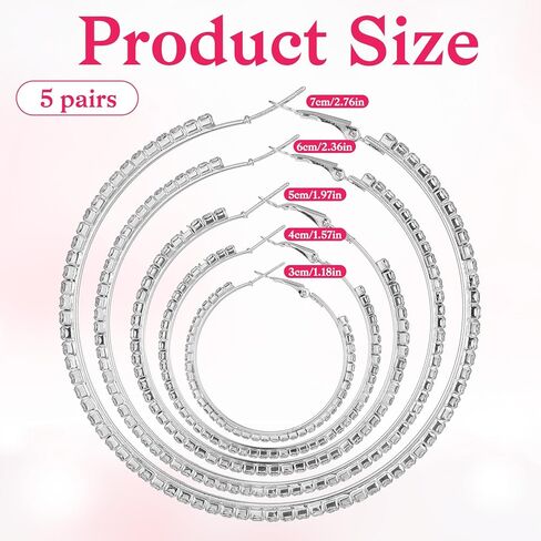 5 أزواج كبيرة حجر الراين هوب الأقراط مجموعة 3-7 سم كبيرة سباركلي جولة الأطواق الفضة كريستال سباركلي بلينغ رقيقة جولة أقراط حزب خفيفة الوزن القرط مجوهرات للنساء مجوهرات حفل زفاف تاريخ هدية in Kuwait