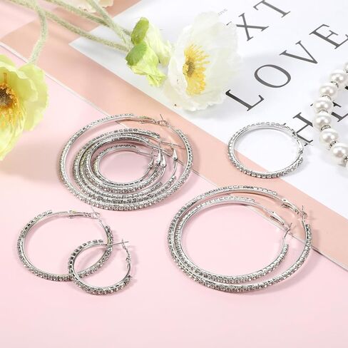 5 أزواج كبيرة حجر الراين هوب الأقراط مجموعة 3-7 سم كبيرة سباركلي جولة الأطواق الفضة كريستال سباركلي بلينغ رقيقة جولة أقراط حزب خفيفة الوزن القرط مجوهرات للنساء مجوهرات حفل زفاف تاريخ هدية in Kuwait